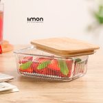 ظرف شیشه ای شیاردار 450 میلی لیتر درب چوبی